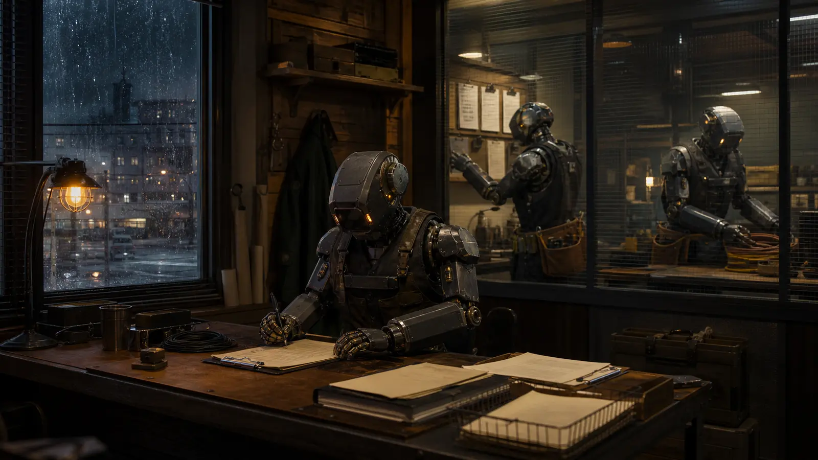 Three original graphite and brass work robots in a rain-night trades office, with two working behind a clear safety wall