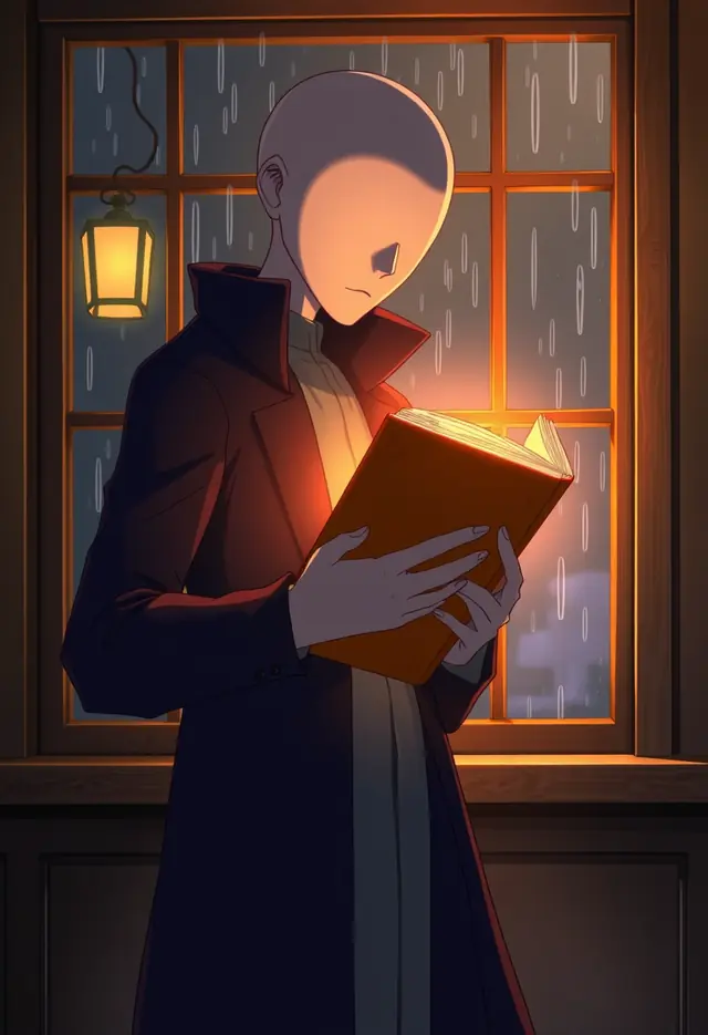 A faceless synthetic scribe reading a glowing book beside an amber window