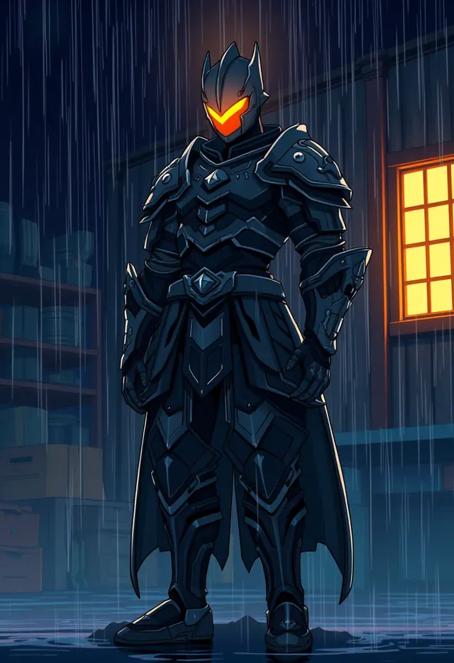 A blue-black armored synthetic sentinel with an amber visor standing in the rain