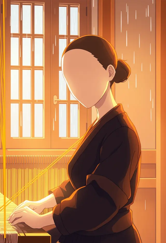 A faceless synthetic weaver seated in warm window light while rain falls outside