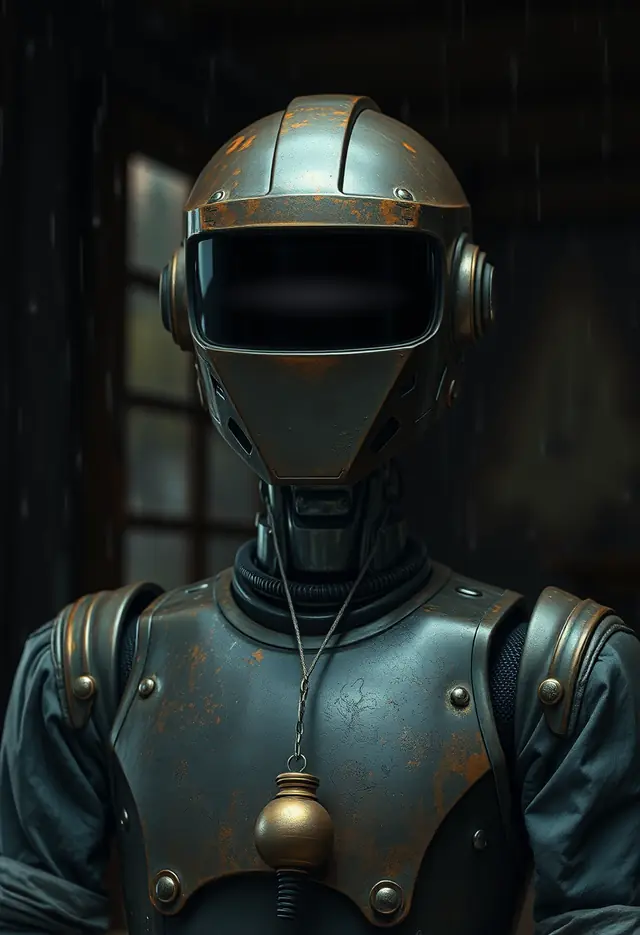 A retro-futurist synthetic librarian with a dark visor and brass details