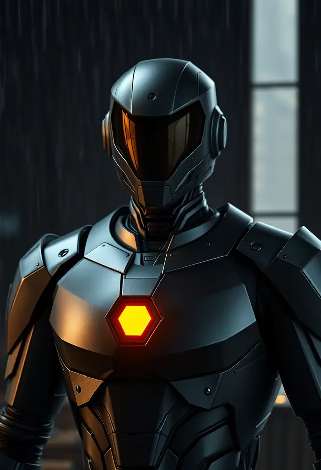 A black armored synthetic security specialist with a glowing amber chest core