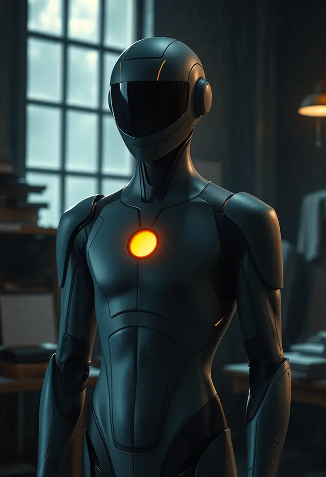 A silver synthetic data specialist with an amber chest light beside a rainlit window