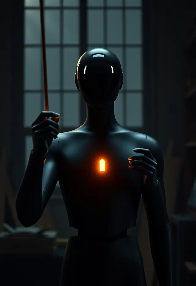 A glossy black synthetic orchestrator with an amber chest light in a quiet office