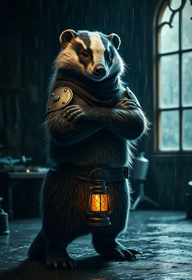A synthetic badger craftsperson in work clothes with an amber belt lamp