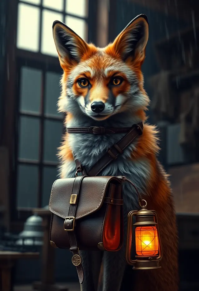 A friendly synthetic red fox courier wearing a practical vest, shoulder satchel, and warm lantern
