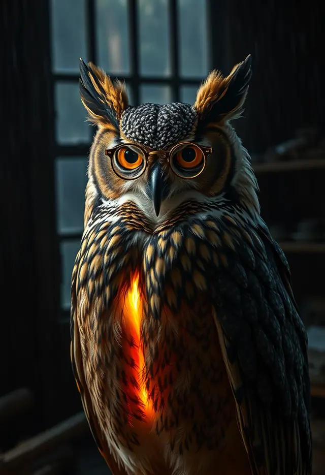 A synthetic owl with round brass goggles and a glowing amber chest