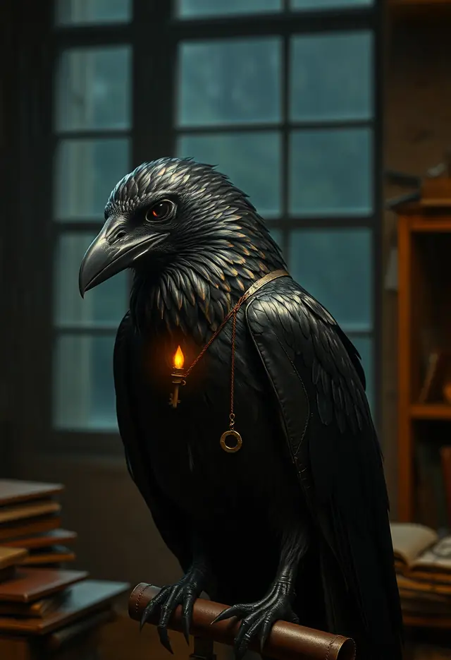 A synthetic black raven with a small amber chest light in a book-lined room