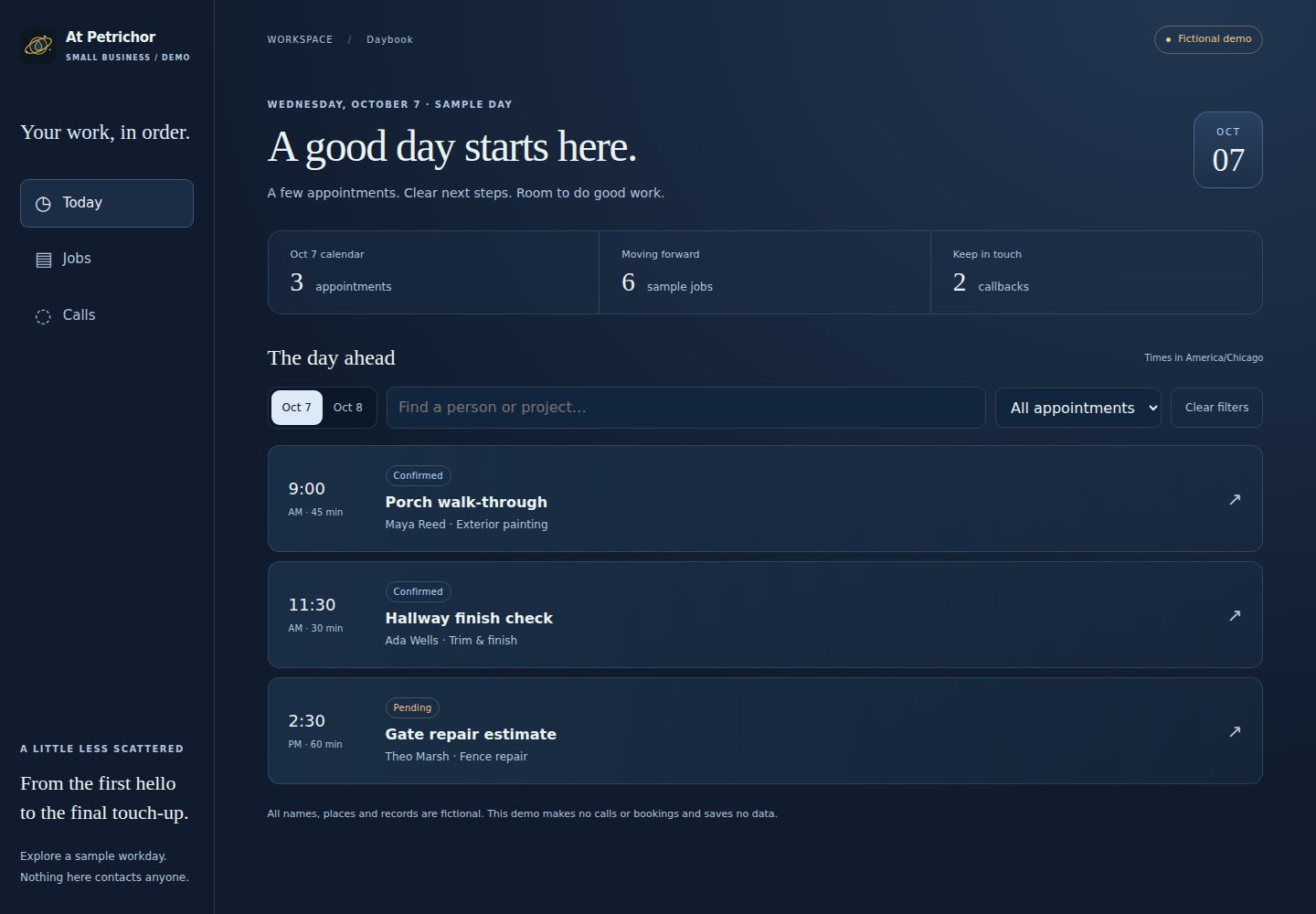 A fictional Job Board with sample appointments, jobs and call follow-ups.