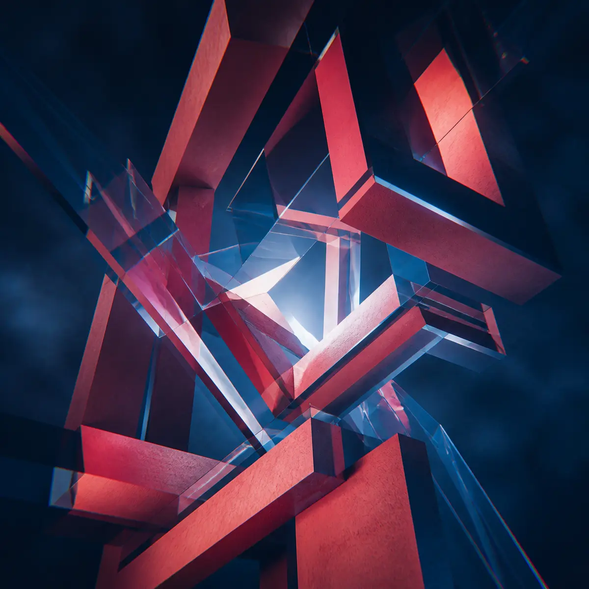 Red geometric ribbons intersecting blue glass, original artwork